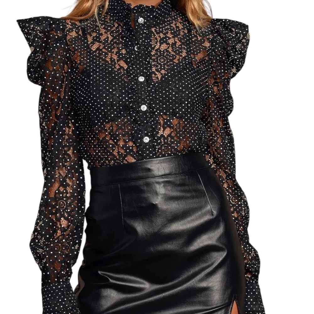 Lulus Respect Black & White Lace Button-Up Polka Dot Top NWOT